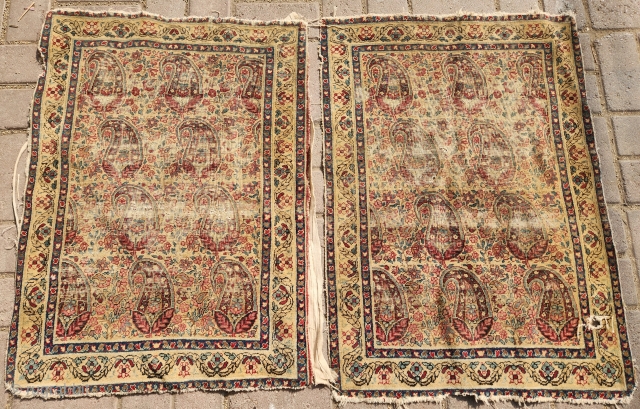 Paisely design Kerman Pushti pair,with all good colors and early age.As found without any repair or work done.E.mail for more info and pics.          