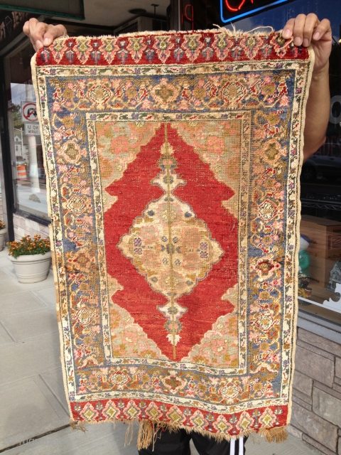 Yastic/Turkish,very beautiful in design and colors but in stressed condition. It folds nicely. I think it's silk but it could be mercerized cotton. If you know how to tested please advise.  