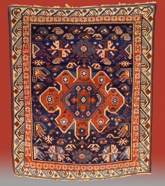 Antique Seichor great little size; 3-2 x 3-9, hand washed, great design and colors. This little rug is very soft and flexible.           