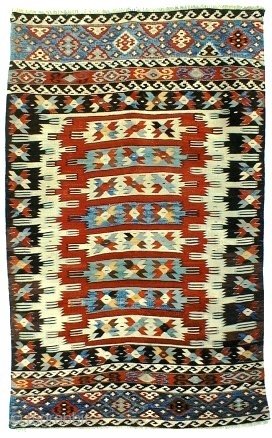 Adana Sagicara kilim, Western Anatolia.   Woven c. 1890. Size 1.57 x 0.98 m/ 5’2” x 3’3” Ref: 400BM001.   Perfect condition.   
For more info please visit: http://www.kilim-warehouse.com/oldkilims/400bm001%20kkzlu.htm  ...