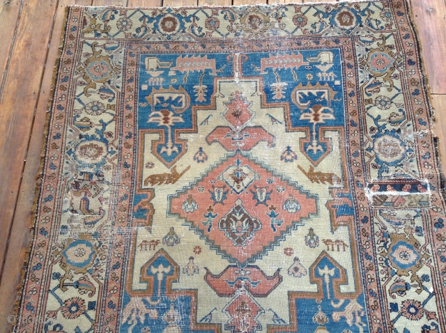 Bakshaish, North Persia, 19th century, 56" x 66", with wear, tears, holes; front and back pictured, flexible. Price $750.00 or best offer.           