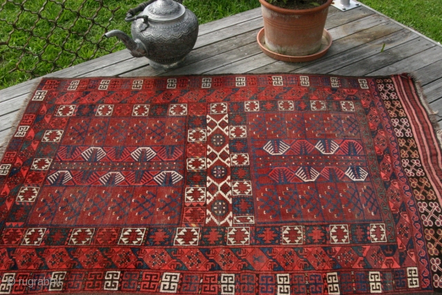 {21} 132 x 186 cm. Ersari Ensi, late 19th c. one synthetic red, evenly worn and complete.

-Kolya                