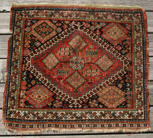 {67} Antique Afshar bag face, 64 X 58 cm, high quality, very finely knotted, wool on wool, veg. dyes, feels like silk. Edges conserved.
-Kolya         