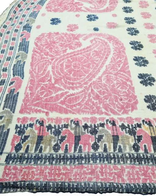Figurative Pattern Rare Jamdani Finest Muslin Cotton Saree, In Figurative Style, Showing the British Soldiers with Horse Riding in the Borders.
From Dhaka District of Bangladesh. North-East India. India. 

Jamdani was originally known  ...