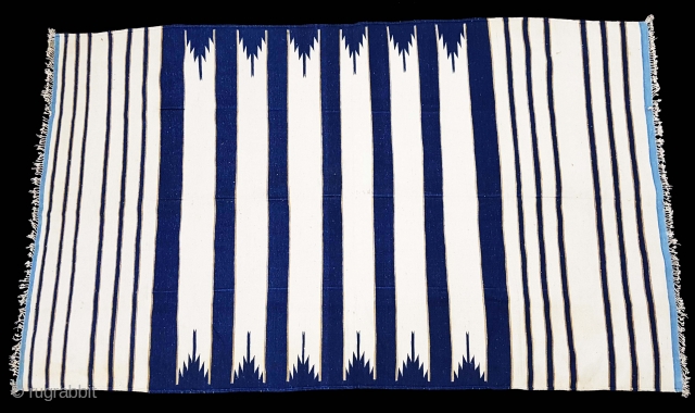 Indigo Blue,Jail Dhurrie(Cotton)Blue-White striped. Bikaner, Rajasthan. India.C.1900.Its size is 133cm X 228cm. Condition is very good(20171204_122715 New).                