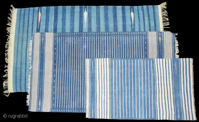 Three Different Style and Size Indigo Blue,Jail Dhurries(Cotton)Blue-White striped with mahi motif. Bikaner, Rajasthan. India.C.1900.Good Condition(DSC04436 New).                