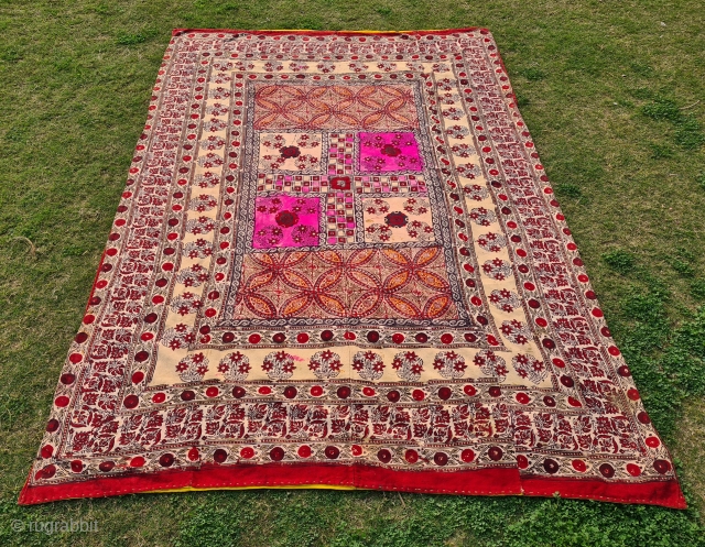 Ceremonial Jajam Block Print with Chopar Design in the Middle, Hand-Drawn Mordant- And Resist-Dyed Cotton, From Rajasthan India. This is for a Dowry , Its an Indian tradition of the bridal family  ...