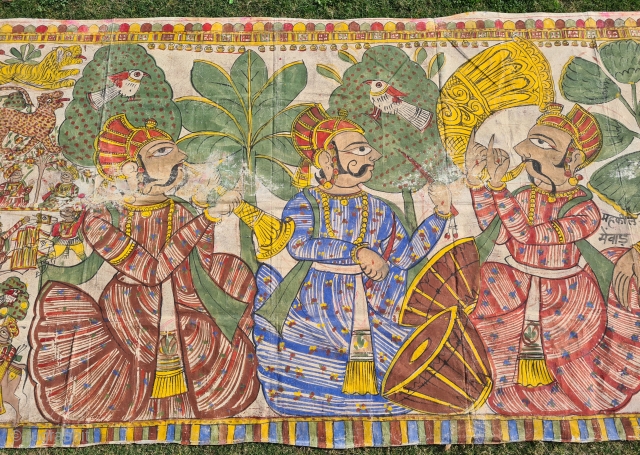 Pabuji Ki Phad Hand Drawn Scroll Panting Opaque Vegetable colors on Cotton From Rajasthan India.India. They were painted in bhilwara n shahpur districts of Rajasthan and legends of Dev Narayan and pabuji  ...