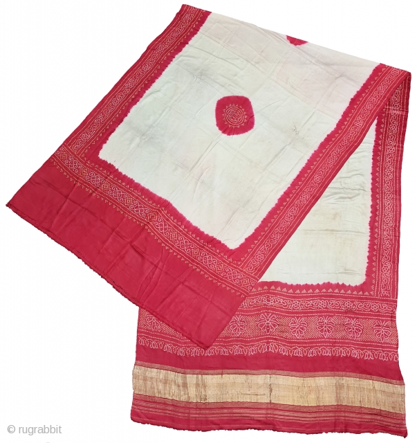 Sari Tie And Dye, Tie and Dye on the Fine Quality Gajji-Silk with Real Zari Pallu, From Jamnagar Gujarat, India. Late 19th Century. Size is 127cmX384cm (20210226_164411).
      