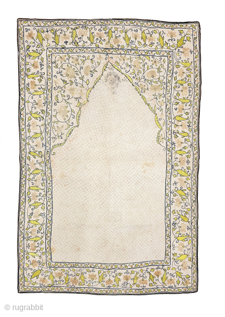 Tent Panel (Qanat) Jainamaj Style. From the Deccan or from the Gujarat. India.

With Stamp on it.

Floss-Silk Embroidered on the Cotton, With Quilted embroidery on the Cotton With Roller Print Backing Cloth.

C.19th Century  ...