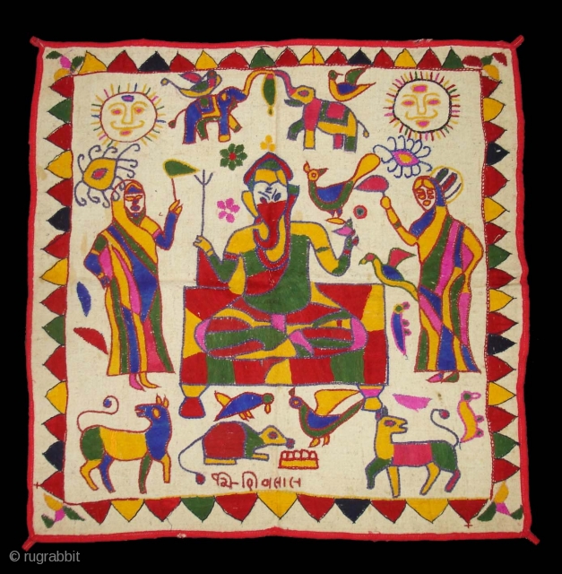 Ganesh Sthapana Wall Hanging From Saurashtra Gujarat.India.Probably from Kathi Darbar Group.Its size is 55cmx55cm(DSC02745 New).                  