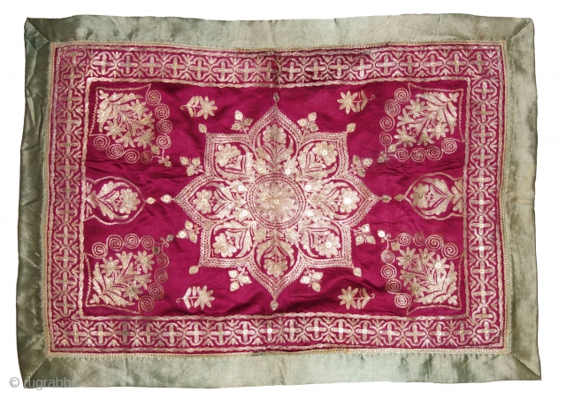 Mughal Aari Zari (Real) Embroidery Wall Hanging With floral Design From the Sidhpur Patan Gujarat, India.Real Zari Embroidery on the Gajji-Silk.C.1850.Its size is 48cmX68cm(DSC07779).         