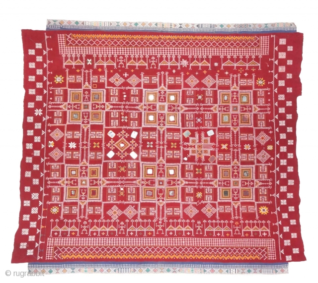 Odhani Bishnoi Shawl From Shekhawati District of Rajasthan, India.Showing the Different Chopat Designs, Embroidered on cotton Khadder (Village Khadi)cloth with natural colours,From the Villages of Shekhawati District of Rajasthan. This were traditionally  ...