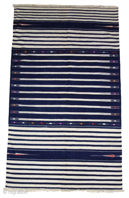 Indigo Blue,Jail Dhurrie(Cotton)Blue-White striped with mahi motif. Bikaner, Rajasthan. India.C.1900.Its size is 120X205cm. Condition is very good(DSC07808).                