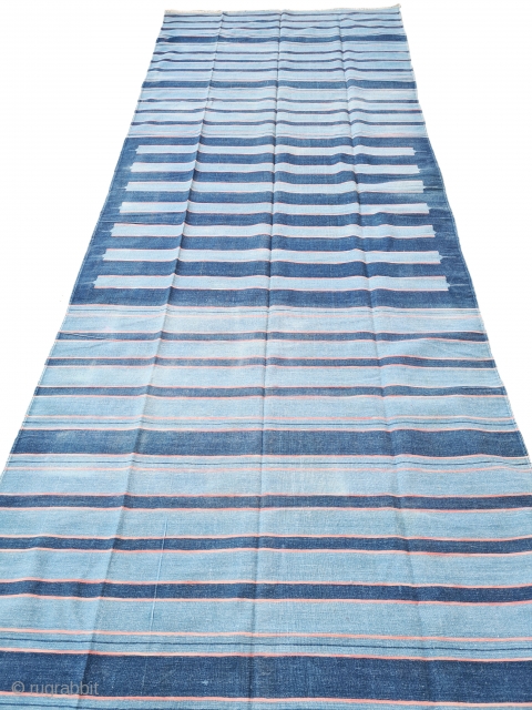 Indigo Blue,Jail Dhurrie(Cotton) Dark Blue-Light Blue Colour with double minaret striped Dhurrie.From Bikaner, Rajasthan. India.C.1850-70.Its size is 166X430cm (Large Size). Condition is very good(20210301_174557).
         