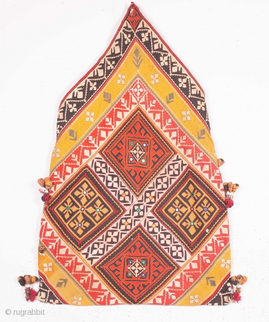 Dowry Bag (cotton) from Sindh Region of undivided India. India.Applique cut-outs with mirrors and the tassels.C.1900.Its size is 58cmX88cm. Rare Kind of Bag(IMG_5151).          