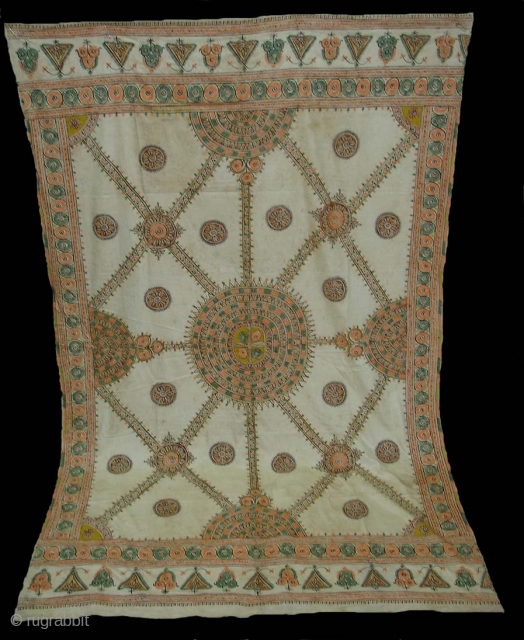Roghan Art Shamiyana(Marquee)Hanging From Kutch Region of Gujarat India.Made by the Ahir Herders in Kutch.Roghan Means Design Printed on with a mixture of thickened oil and pigment.19th Century.Its size is 163cm X  ...