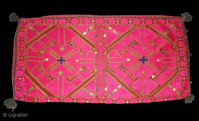 Pillow-Cover,Swat Valley(Pakistan).Cotton embroidered with floss silk.with woolen Braiding and Tassels.Its size is 42cm X 75cm(DSC04568 New).                 