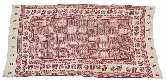 Ramavali Shawl, Hand Woven Khadi Cotton, Line as Devanagari Inscription. Repeated as Shri Ram-Jai Ram-Jai Jai Ram. From Historic Hindu Temple Of Dwarka Saurashtra Gujarat. India. Natural Colors c.1900. Its Size is  ...