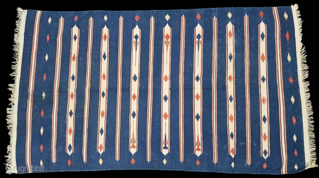 Indigo Blue,Jail Dhurrie(Cotton)with Terracotta And white 'Double-Minaret' striped Dhurrie with feathered diamonds,From Ajmer, Rajasthan. India.C.1900.Its size is 118cmX212cm. Condition is very good(20171204_122115 New).          