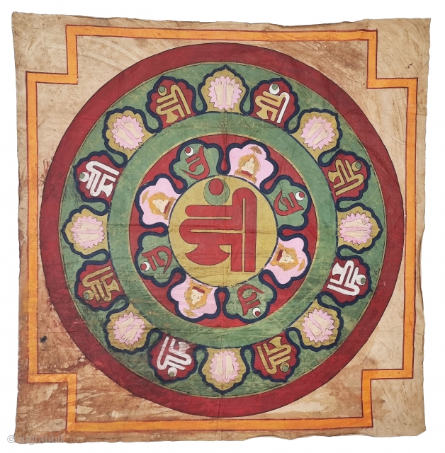 An unique Siddhachakra from Jain Cosmology, Hand Painted On the Cotton,
From Kutch Gujarat India.
Siddhachakra is a popular yantra or mandala (mystical diagram) used for worship in Jainism. It is also known as  ...