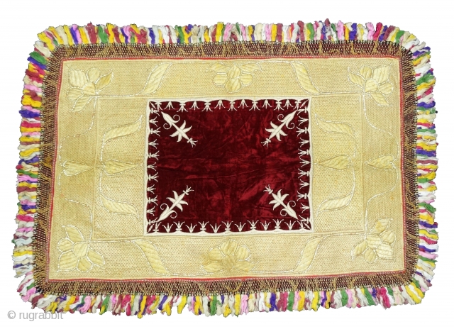 Zardozi Kalabattu Embroidery(Real Zari)Work Velvet Carpet, with real zari frills and cotton threads,This piece Known as Bhichana from the Royal Nawab Family of Uttar Pradesh. India.C.1900.Its size is 93cmX133cm(DSC05285).    