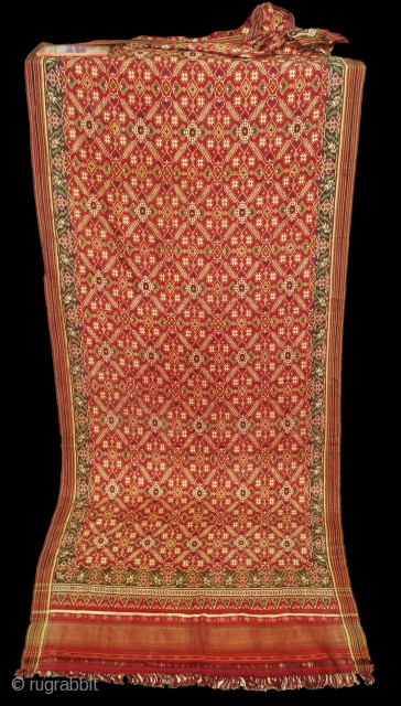 Patola Sari Silk Double ikat.Probably Patan Gujarat.India.19th Century.this Patola sari has the type of geometric,non figurative pattern particularly favoured by the ismaili Muslim merchant community of the Vohras.and its called Vohra-Gaji-Bhat.(Vohra Type  ...