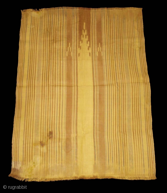 Rafia Ikat Prayer Mat,Of Sakalaya People,West cost of Madagascar,C.1900.Ikat dyed rafia with natural dyes.Its size is 77cmX104cm.Condition,there are fue repairs and some stains(DSC05490 New).         