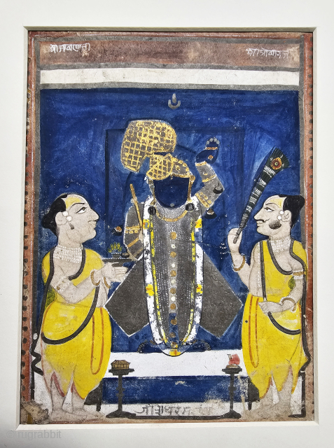 An Rare Miniature Painting of Shrinathji with devotees Doing Pooja Ceremony.

From The Nathdwara
Rajasthan. India.

Opaque watercolor on paper With Gold Work.

C.1875 - 1900

Its size is 5" Inches X 7" Inch (20240616_154610).   
