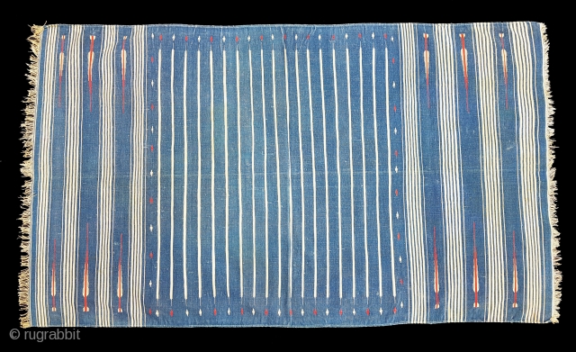 Indigo Blue,Jail Dhurrie(Cotton)Blue-White striped with mahi motif. Bikaner, Rajasthan. India.C.1900.Its size is 114X196cm. Condition is very good(151503)                