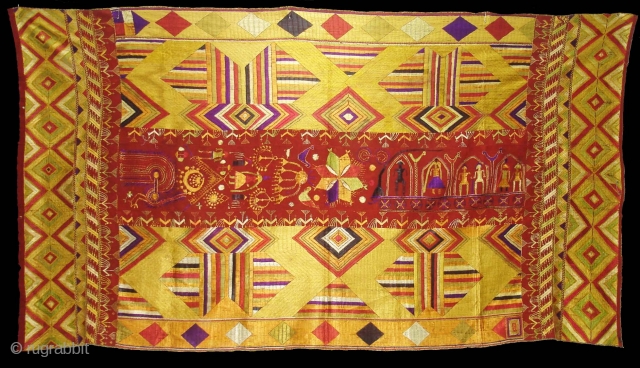 Phulkari From East(India)Punjab India.Known as Sar Pallu Phulkari. Showing the Folk Culture of Punjab.C.1900. Its Size is 128cmX230cm(DSC03935 New).              