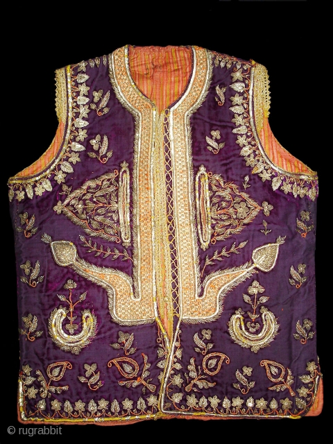 Man’s waistcoat(Sadri/Bandi)From Hyderabad,South India.Cotton velvet,embroidered with silver and gold-wrapped thread,L 51cm x w 41cm.Condition is worn from back side(DSC06336 New).             