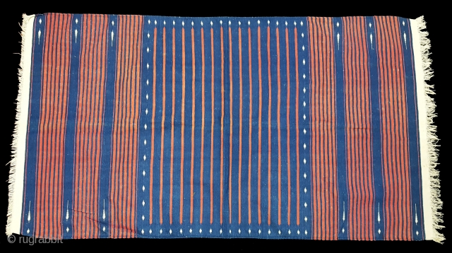 Indigo Blue,Jail Dhurrie(Cotton)Blue-Red striped with mahi motif. Kutch-Gujarat, India.C.1900.Its size is 118X218cm. Condition is very good(154336).
                 