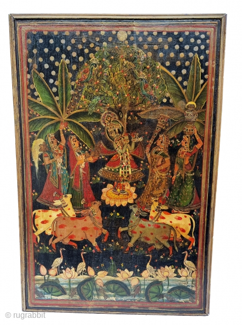 An Rarest Miniature Wooden Pichwai for the Sharad Purnima, Krishna disports with the gopis of Vrindavana in a raaslila, the dance of bliss, on the occasion of the autumnal full moon night Ashwin  ...