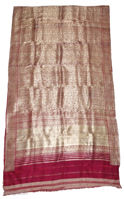 Ashavali Real Zari Silk Brocade Saree (Sadlo). From Gujarat. India. C.1900. This Special motifs (Design) known as Jangla motif (All-Over-Patterning) Its size is 117cmX420cm (DSC08023).          