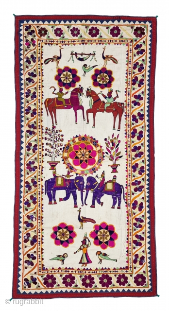 
Traditional Folk Embroidered Dharaniya Wall Hanging From Saurashtra Gujarat. India. India.

These were Traditionally used mainly by Kathi Darbar Group of Saurashtra Gujarat
Beautiful workmanship and layout with human and animal figures with flowers  ...