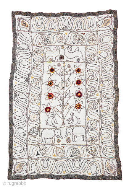 An Rare Kantha Tree Of Life Design, Fine Quilted and Embroidered Cotton Kantha Probably From East Bengal(Bangladesh) Region, Undivided  India.
India.
C.1875 -1900

Its size is 122cmX190cm(20240810_155142).         