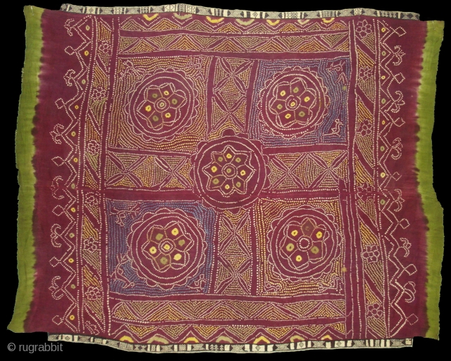 Single Bandh Tie and Dye Odhani From Shekhawati District of Rajasthan. India.Its Very rare Single Bandh Tie and Dye Odhani. Natural Colours On the Khadi Cotton.C.1900.Its size is 143CmX187cm(DSC04975 New).   