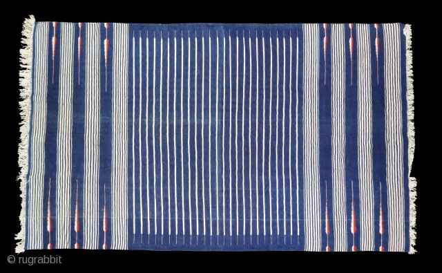 Indigo Blue,Jail Dhurrie(Cotton)Blue-White striped with mahi motif. Bikaner, Rajasthan. India.C.1900.Its size is 110X190cm. Condition is very good(DSC03639).                