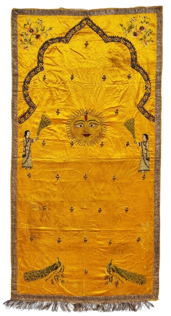 An  Rare Temple Hanging, Silk And Real Zari Embroidery on the Silk. It is showing Lord Surya Narayan and two Gopis, which is a very rare Subject to get.From Gujarat in Northwest  ...