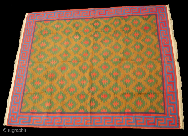 Jail Dhurrie(Cotton)from Bikaner,Rajsthan,India.known as Blossom Dhurrie with stepped diamonds and key Border.Its size is 240cm x 295cm.Perfect in the condition.Very rare design Dhurrie(DSC06192 New).         