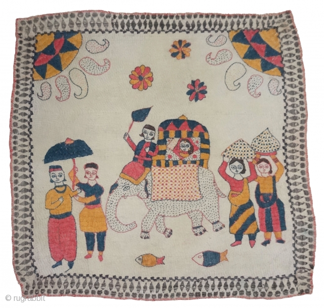 Folk Kantha Quilted and embroidered cotton kantha Probably From East Bengal(Bangladesh) region, India.Its size is 40cmX42cm(DSC07143).
                 