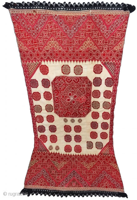 Phulkari Swatti Shawl From the Swat region of Pakistan. India.Silk embroidery on cotton,Circa Mid-19th Century.Its size is 113cmX235cm(DSC07182).
               