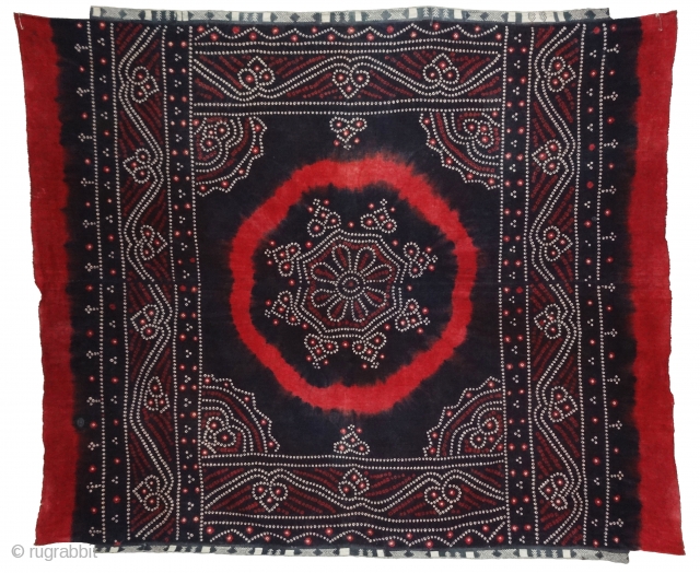 Indigo Blue, Single Bandh Tie and Dye Odhani From Shekhawati District of Rajasthan. India.Its Very rare Single Bandh Tie and Dye Odhani. Natural Indigo blue Colours On the Khadi Cotton cloth.C.1900.Its size  ...