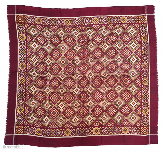 Very Rare Ceremonial Patola Rumal, Silk Double ikat. Probably Patan Gujarat. India.C.1900. Very Different design and different color combination. Its size is 100cmX111cm (20201002_145921).
         