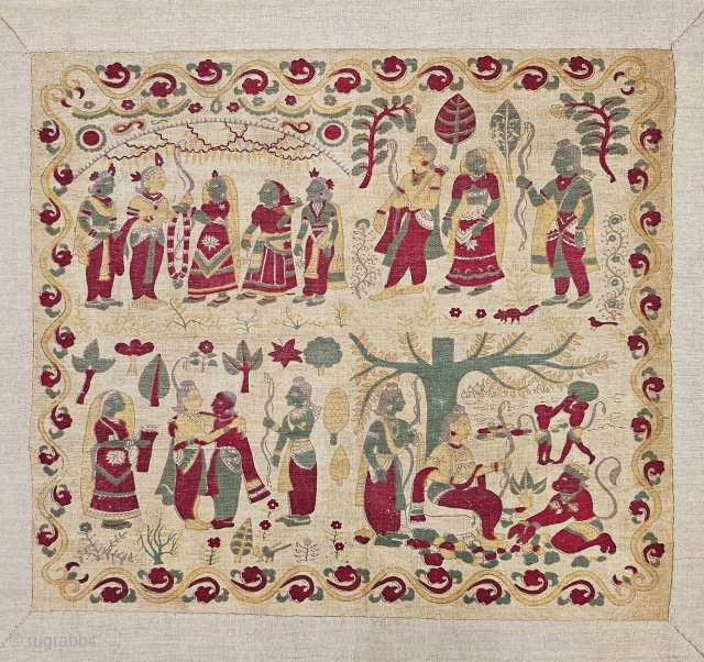 An Rare Ceremonial Ramayana Chintz Kalamkari , Hand-Drawn Mordant-And Resist-Dyed Cotton, From Gujarat . India.

C.1875 -1900.

Exported to the South-East-Asian Market.

Its size is 35cmX40cm (20241002_181243).         