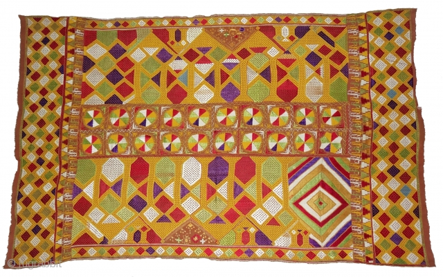 Phulkari From East(Punjab) India.Known as Darshan Dwar. Handspun cotton plain weave (khaddar) with silk and cotton embroidery,Showing the Folk Culture and Art of Punjab. Its size is 125cmX210cm(DSC03975 New).
    