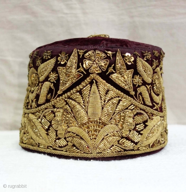 Parsi Topi (Hat) Zardozi Embroidered on cotton velvet, With Real Silver Thread with Gold Polish,From Surat, Gujarat, India. India.Late19th Century.
             