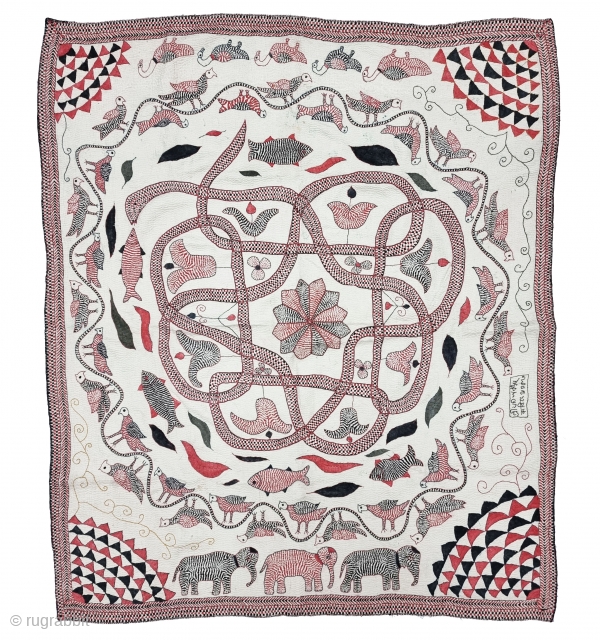 Very Rare and unique Yog Kundali Kantha, Showing the Snake , Mandala ,Birds and Elephant   Very Fine embroidered cotton Kantha Probably from the Region of East Bengal (India) Undivided Bengal.  ...