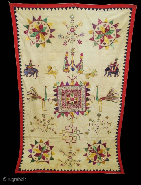 Dharaniya Wall Hanging From Saurashtra Gujarat India.This were Traditionally used mainly by Kathi Darbar family of Saurashtra Gujarat India.C.1900.Its size is 120cmx195cm(DSC06160 New).          